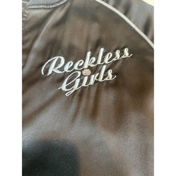 Y&R "Reckless Girls" Women's Black Embroidered Satin Bomber Jacket Black Sz S - Picture 3 of 7